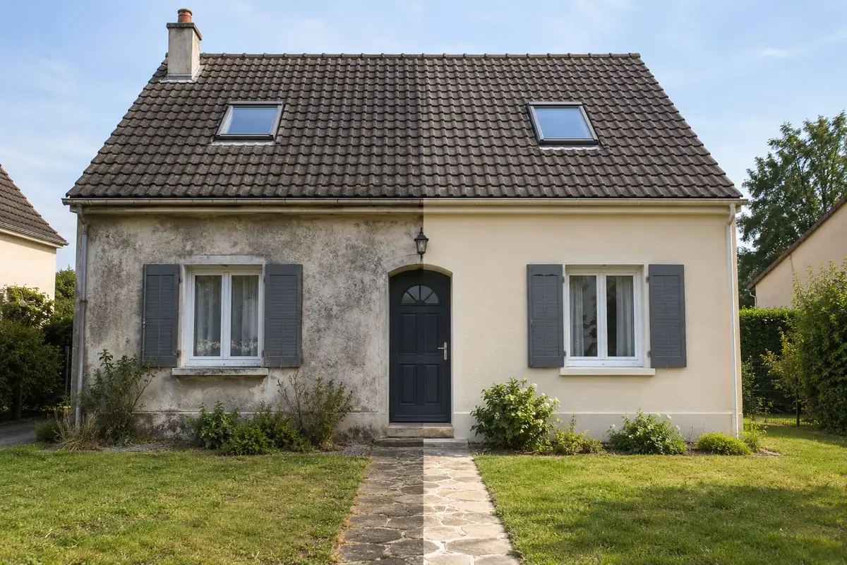 Avant / après : ravalement de façade d'une maison avec enduit clair et menuiseries repeintes