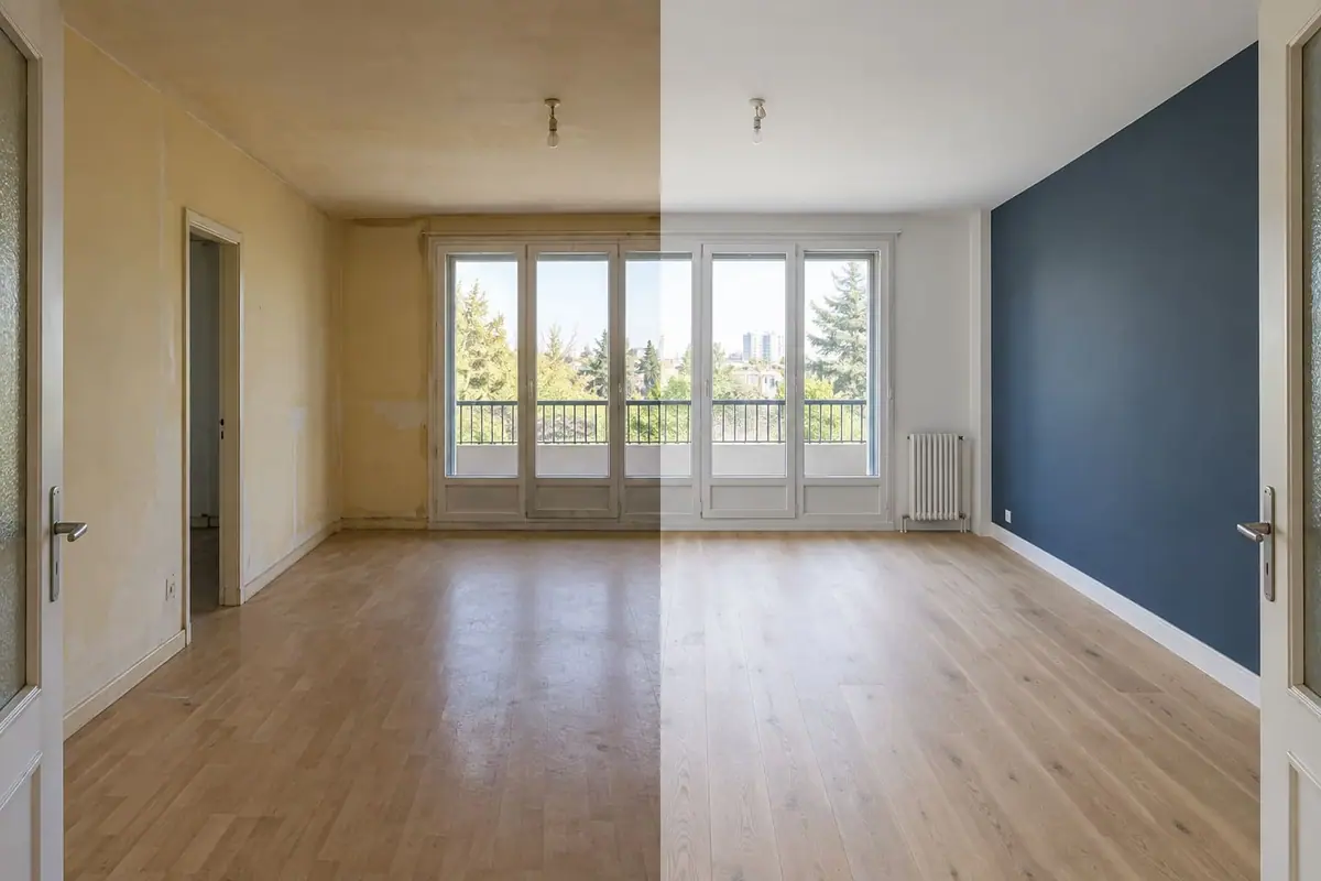 Avant / après : rénovation d'un séjour avec peinture blanche, mur d'accent bleu et parquet chêne