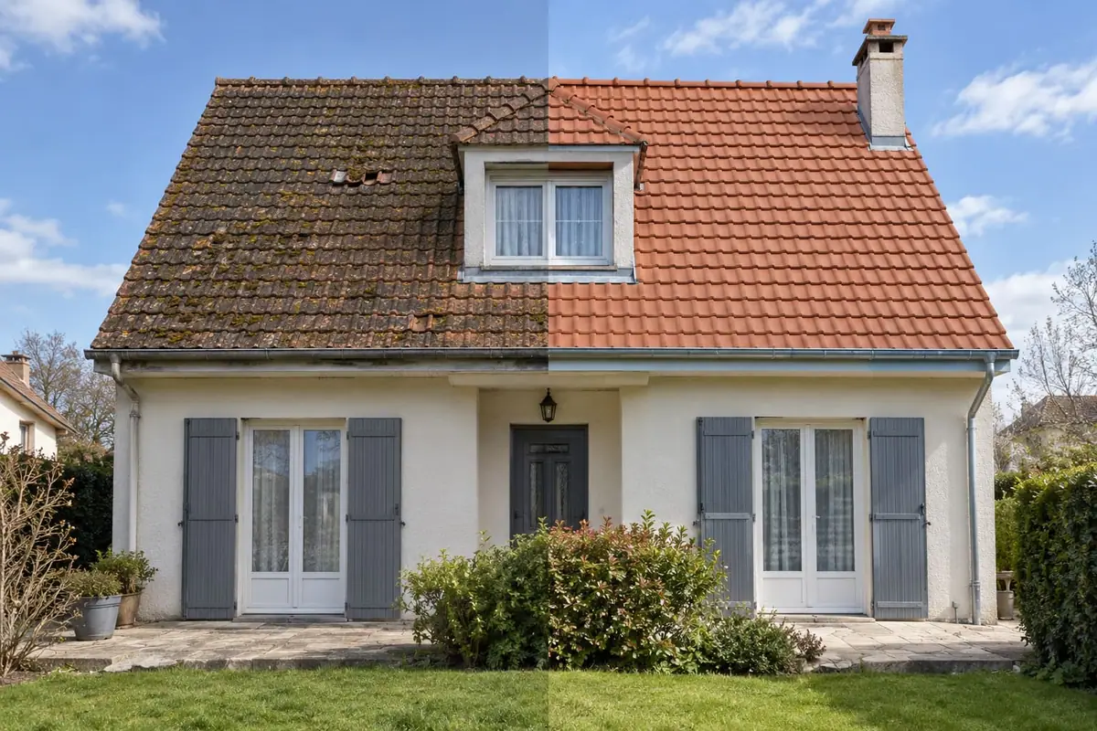 Avant / après : rénovation complète d'une toiture en tuiles sur un pavillon à Brétigny-sur-Orge